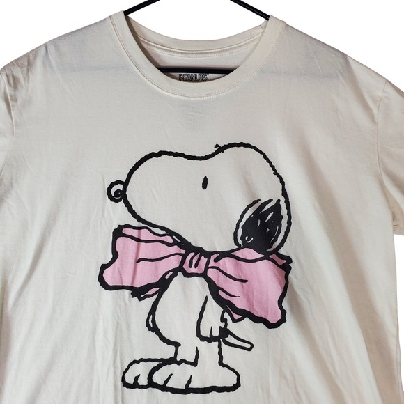 Peanuts Tops - Peanuts Snoopy Pink Bow Graphic T-Shirt Cream XXL Short Sleeve Crew Neck